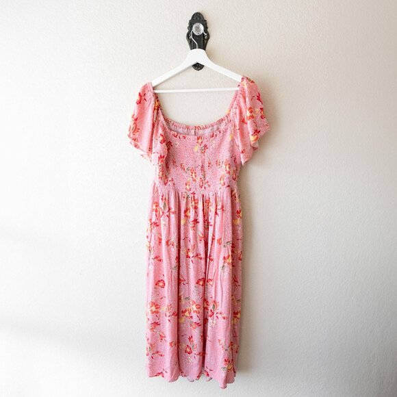Ripe Maternity Libby Dress Size Large Pink Floral Smocked Flutter Sleeve Midi - Picture 6 of 7